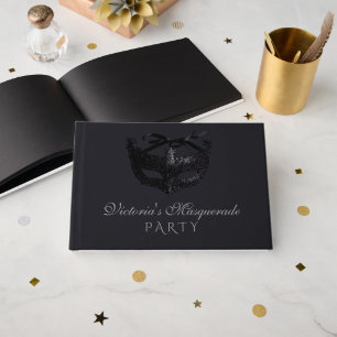 Modern Silver Black Masquerade Party  Guest Book