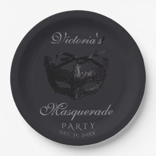 Modern Silver Black Masquerade Party Paper Plate