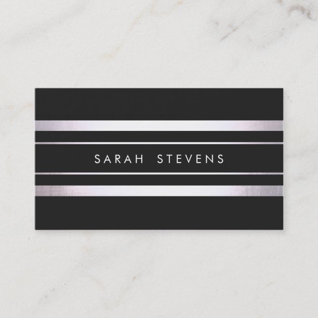 Modern Silver Black Striped Business Card (Front)