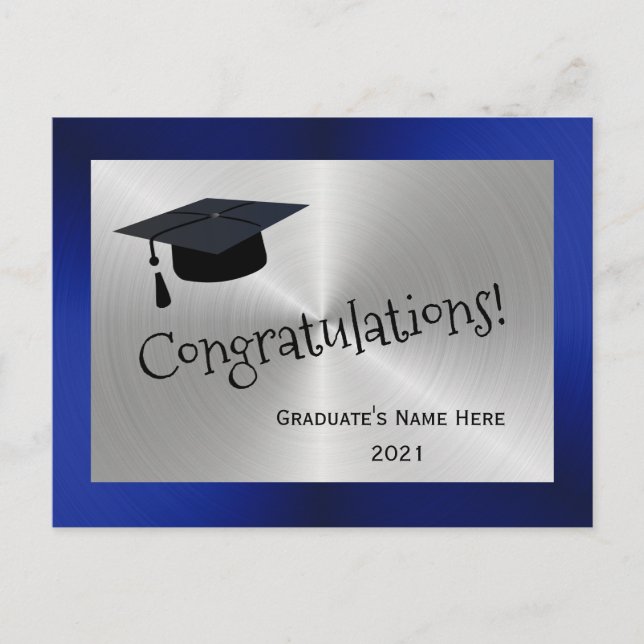 Modern Silver Blue Cap Congratulations Graduation Postcard (Front)