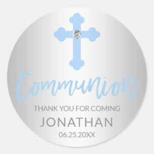 Modern Silver Blue Cross COMMUNION Boy Thank You Classic Round Sticker