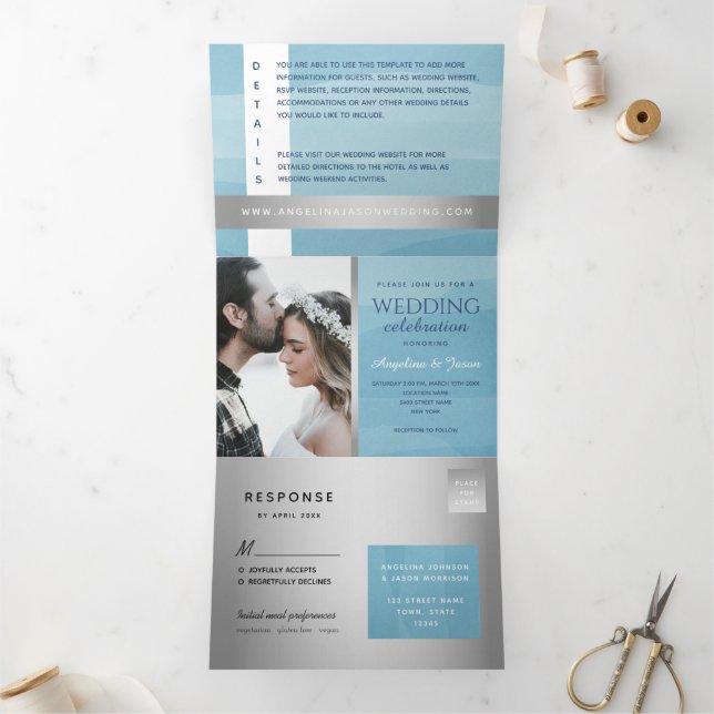 Modern Silver Blue Typography Photo Wedding  Tri-Fold Invitation (Inside)
