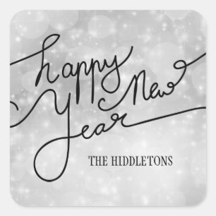 Modern Silver Bokeh Pattern Happy New Year Script Square Sticker