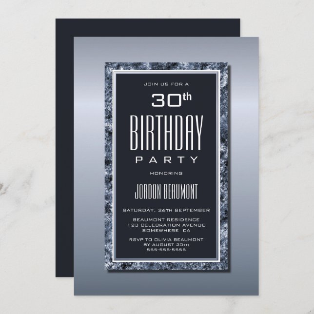 Modern Silver Border 30th Birthday Party Invitation (Front/Back)