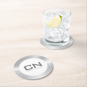 Modern silver border on white round paper coaster
