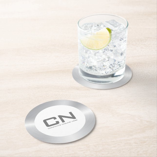 Modern silver border on white round paper coaster (Insitu)