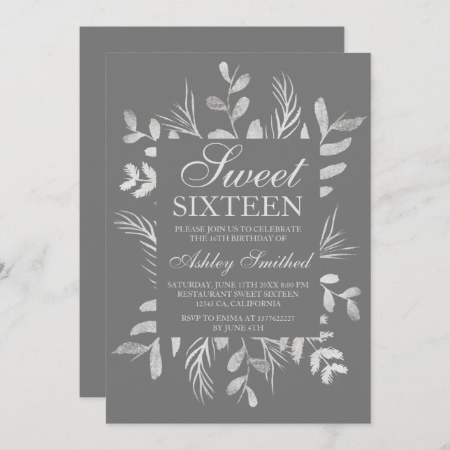 Modern silver botanical leaf grey Sweet 16 Invitation (Front/Back)