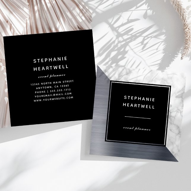 Modern Silver Brushed Foil White Marble Black Square Business Card (Creator Uploaded)