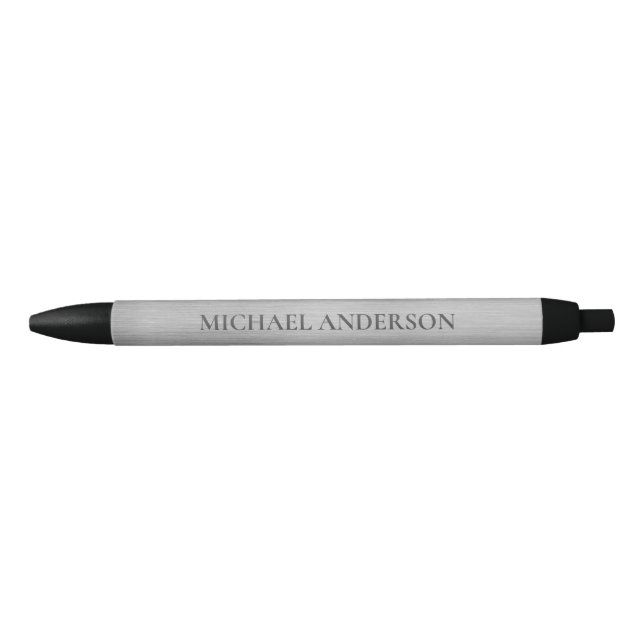Modern Silver Brushed Metal Monogram Name Black Ink Pen (Front)