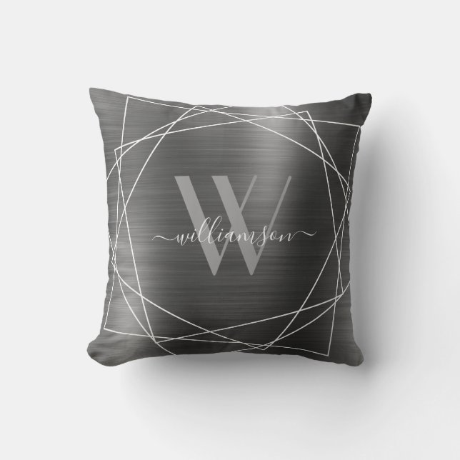 Modern Silver Brushed Metal Monogram Name Script Cushion (Front)