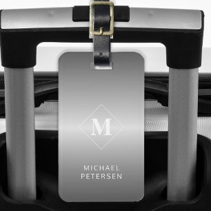Modern silver brushed metal monogrammed luggage tag