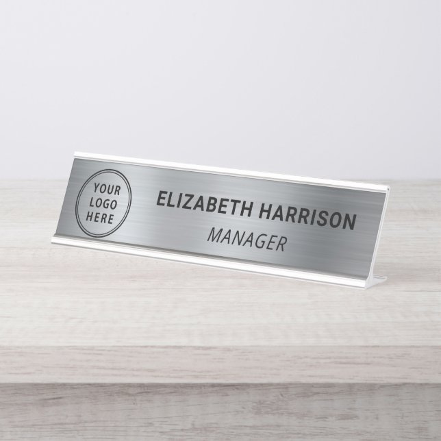 Modern Silver Business Logo Desk Name Plate (Front)