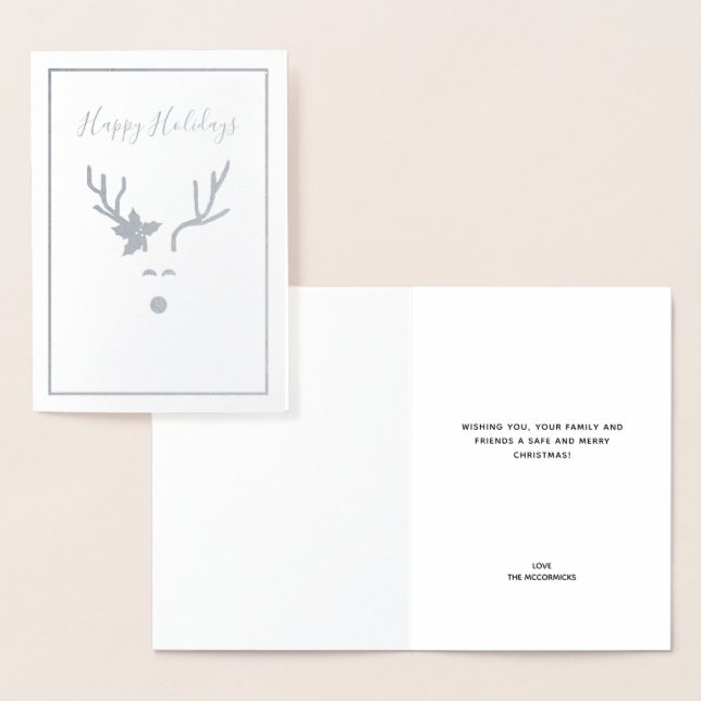 Modern Silver Christmas Reindeer Happy Holidays  Foil Card (Display)