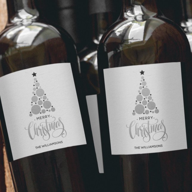Modern Silver Christmas Tree Holiday Wine Label (Creator Uploaded)