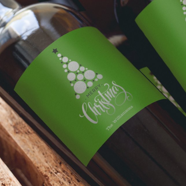 Modern Silver Christmas Tree on Green Wine Label (Creator Uploaded)