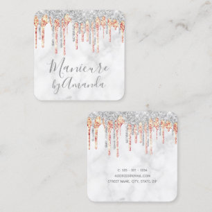 Modern silver copper marble glitter drips manicure square business card