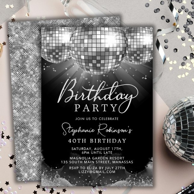 Modern Silver Disco Ball 40th Birthday Party  Invitation (Creator Uploaded)