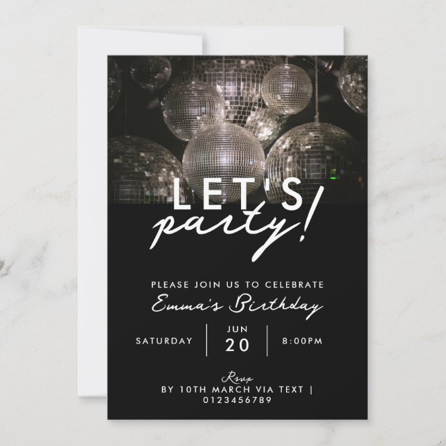 Modern silver disco ball birthday party invitation (Front)