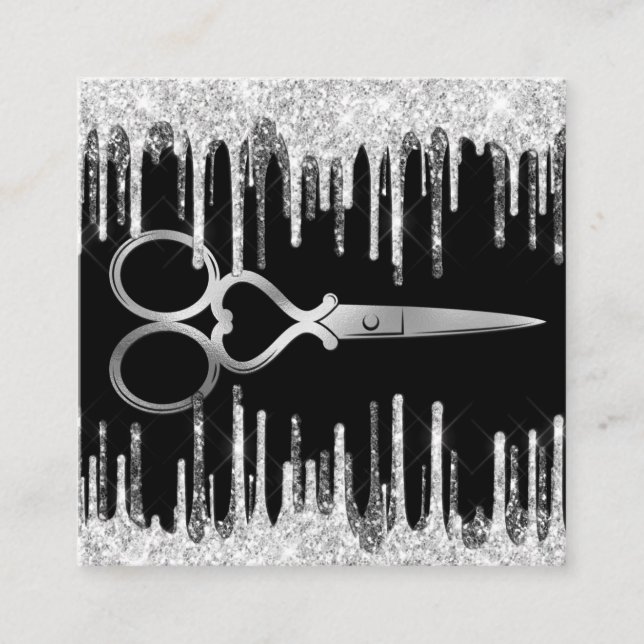 Modern Silver drip hairstylist hairdresser Square Business Card (Front)