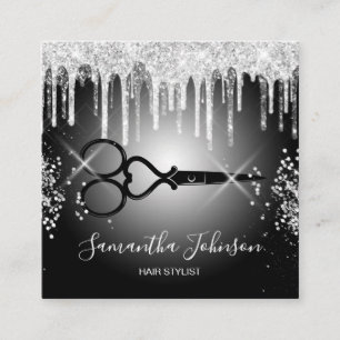 Modern Silver drip hairstylist hairdresser Square Business Card
