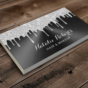 Modern Silver Drips Black Metal Makeup Artist Hair Business Card