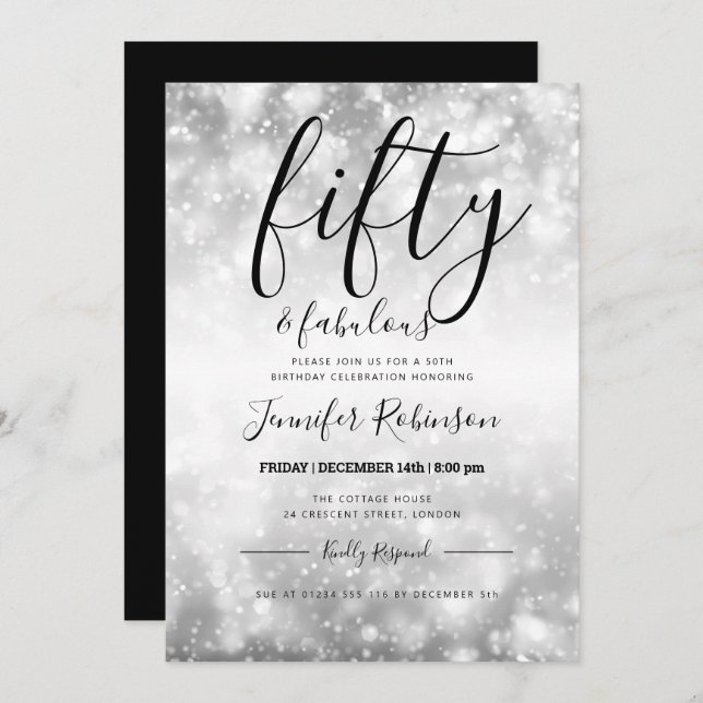 Modern Silver Fifty & Fabulous 50th Birthday Invitation (Front/Back)