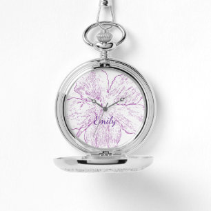 Modern Silver Floral Line Art Personalised Pocket Watch