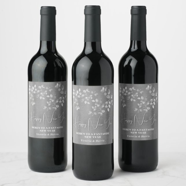 Modern Silver Floral New Years Eve Wine Label (Bottles)
