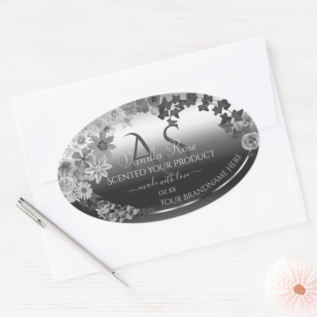 Modern Silver Floral Product Labels with Monogram (Envelope)