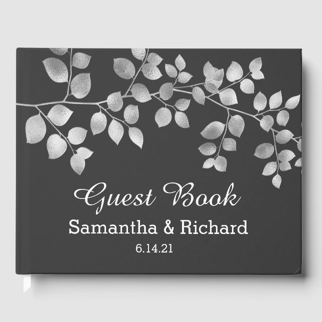 Modern Silver Floral Wedding Guest Book (Front)