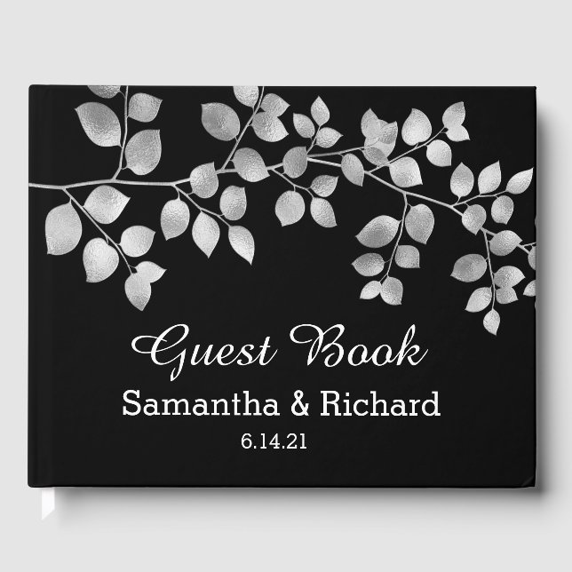 Modern Silver Floral Wedding Guest Book (Front)