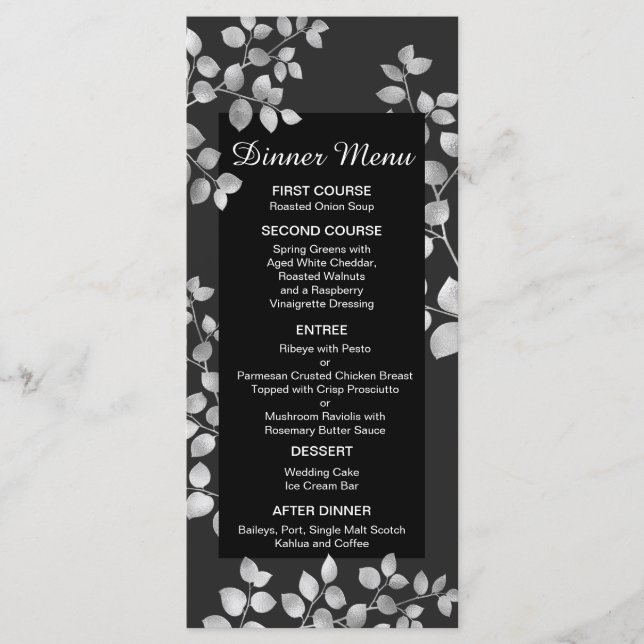 Modern Silver Floral Wedding Menu (Front)