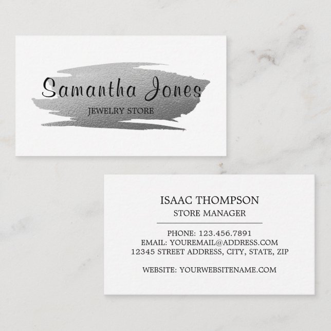 Modern Silver Foil Brushstroke, Jeweler Business Card (Front/Back)