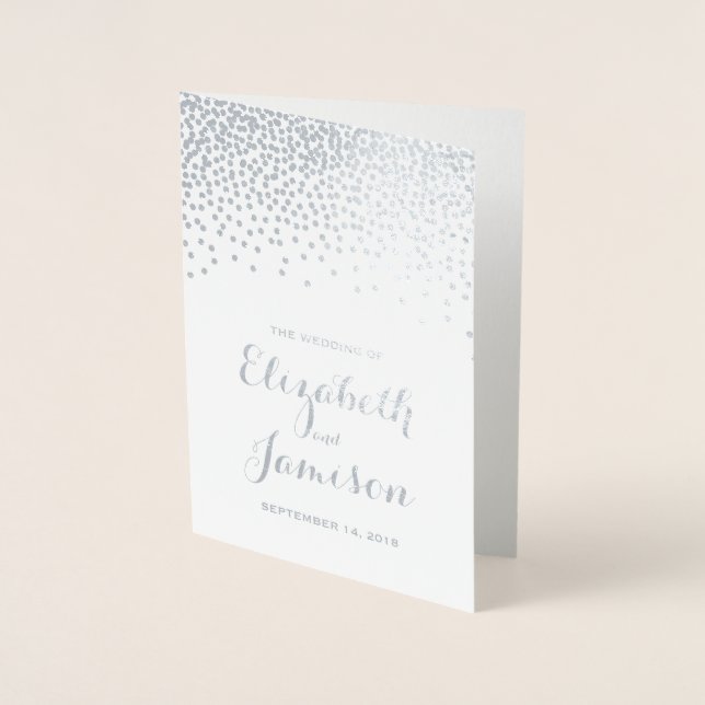 Modern Silver Foil Confetti Dots Wedding Program Card (Front)
