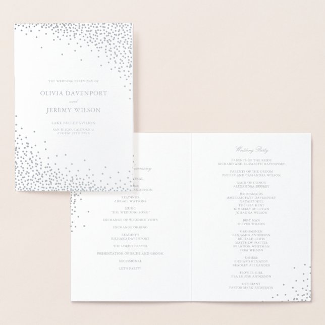 Modern Silver Foil Confetti Dots Wedding Programs Card (Display)