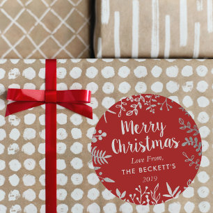 Modern Silver Foil Foliage Christmas Classic Round Sticker