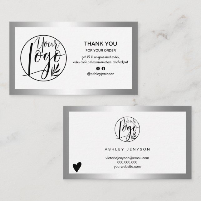Modern silver foil logo order thank you business card (Front/Back)