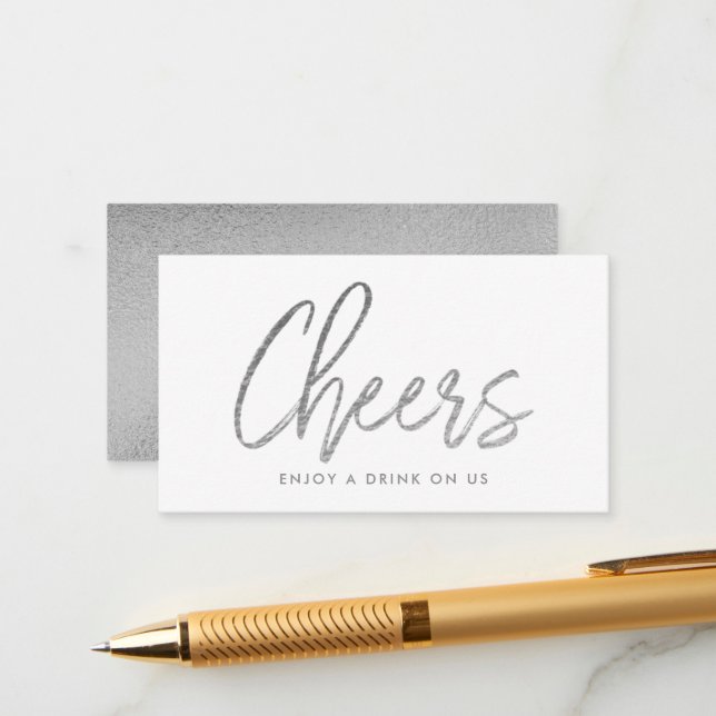 Modern Silver Foil Script "Cheers" Drink Ticket Enclosure Card (Front/Back In Situ)