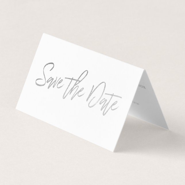 Modern Silver Foil Script Photo Save The Date Card (Front)