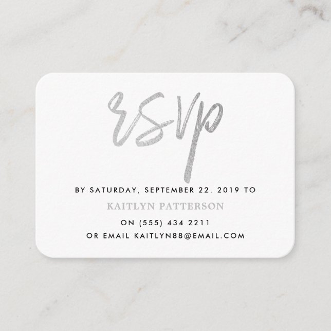Modern Silver Foil Script RSVP Enclosure Card (Front)