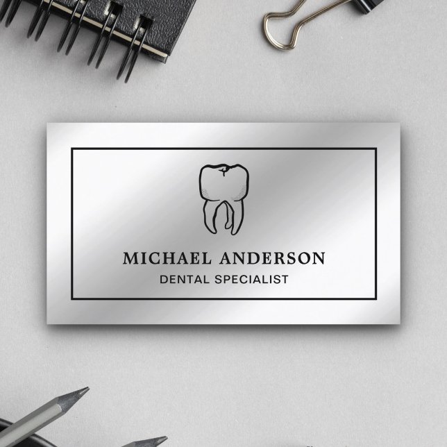 Modern Silver Foil Tooth Dental Clinic Dentist Business Card (Creator Uploaded)