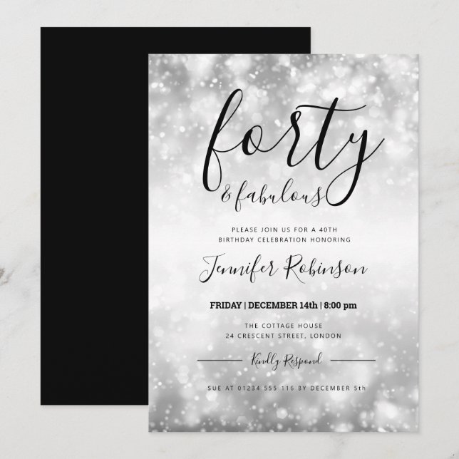 Modern Silver Forty & Fabulous 40th Birthday Invitation (Front/Back)