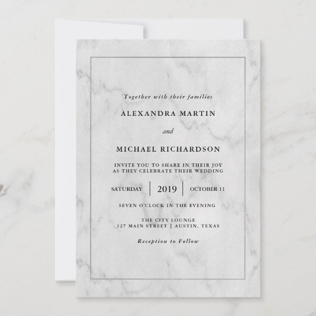 Modern Silver Frame and Marble Look Wedding Invitation (Front)