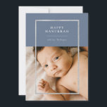 Modern Silver Frame Hanukkah Photo Blue Holiday Card<br><div class="desc">Elegant faux silver foil frame,  Happy Hanukkah Holiday photo card. Features,  single photo on front and two photo template spaces on back of card with coordinating blue colour backgrounds.</div>