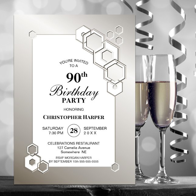 Modern Silver Geometric 90th Birthday Party Invitation (Creator Uploaded)