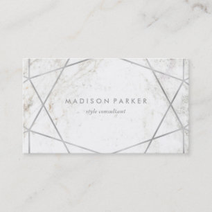 Modern Silver Geometric on White Marble Business Card