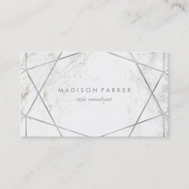 Modern Silver Geometric on White Marble Business Card (Front)