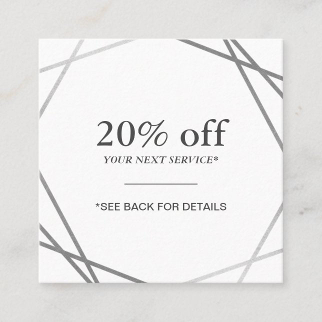 Modern Silver Geometric Pattern Discount Coupon Square Business Card (Front)