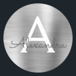 Modern Silver Girly Metallic Monogram Classic Round Sticker<br><div class="desc">Modern Silver Faux Girly Metallic Stainless Steel Foil Elegant Sticker. This sticker can be customised to include your initial and first name for a gift package.</div>