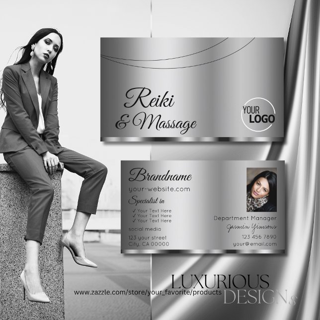 Modern Silver Glamourous with Logo and Photo Business Card (Creator Uploaded)